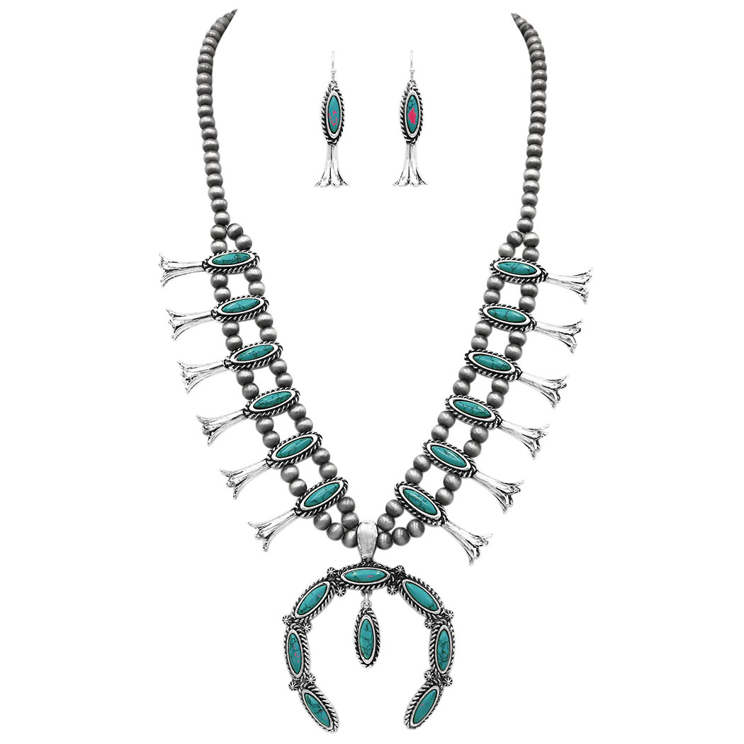 Colorful Natural Semi Precious Howlite Stone Statement Western Squash Blossom Necklace Earrings Set, 24"+3" Extension (Turquoise Blue) Blue | Rosemarie Collections