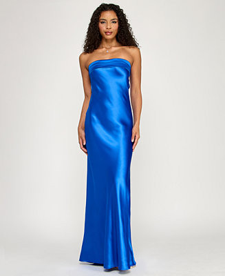 Juniors' Strapless Drape-Back Satin Gown | Macy's