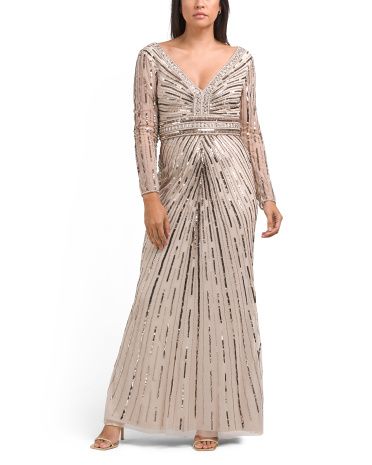 Long Sleeve Beaded V Neck Gown With Stripe Pattern | TJ Maxx