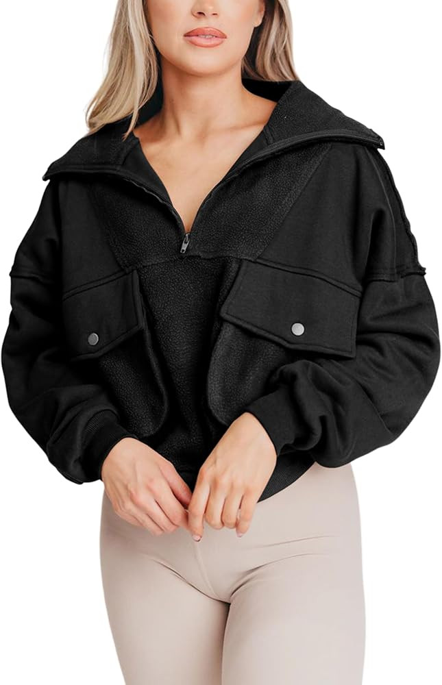 Yeokou Womens Polar Fleece Jacket Coat Half-zip Long Sleeve Pockets Fall Baseball Workout Sweatsh... | Amazon (US)