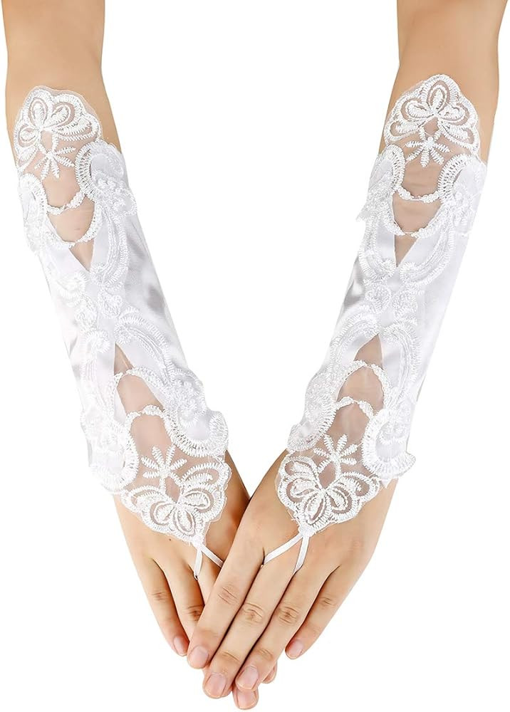 JISEN Fingerless Satin 1920s Gloves Women Banquet Party Elegant Lace Embroidered Bridal Mittens 1... | Amazon (US)