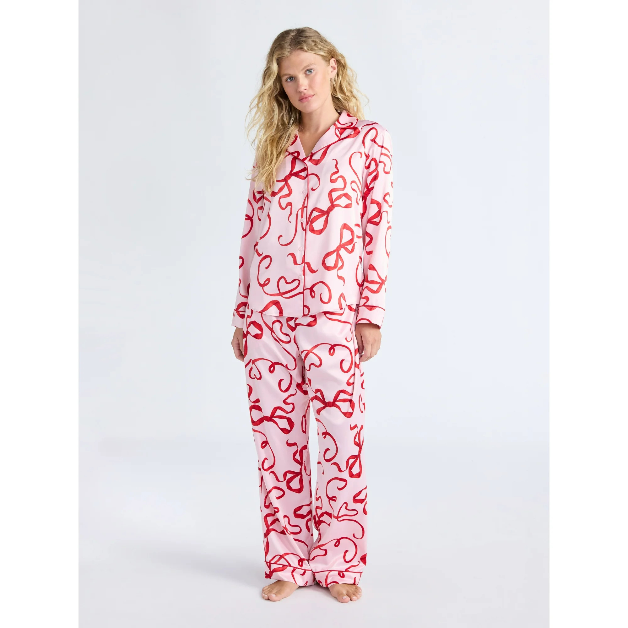 Joyspun Women’s Stretch Satin Notch Long Sleeve Top and Pants Pajama Set, 2-Piece, Sizes XS-3X | Walmart (US)