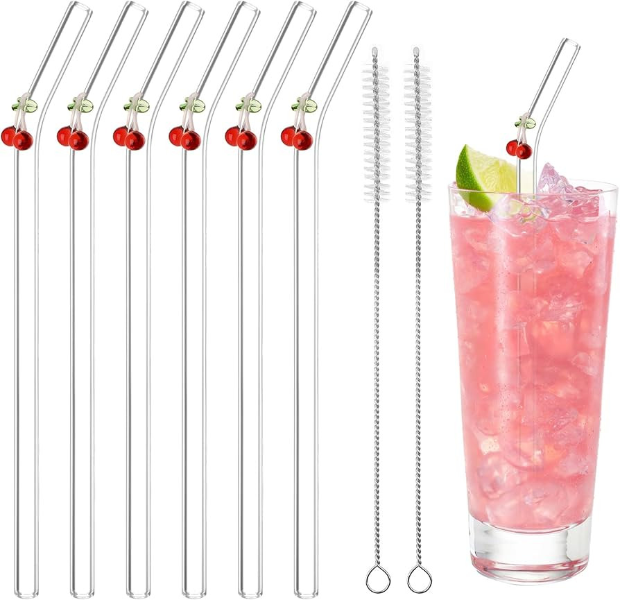 Glass Straw, Reusable Glass Straws Drinking, 6pcs Bent Straws with 2pcs Cleaning Brush, Clear Gla... | Amazon (UK)