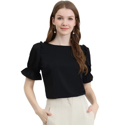 INSPIRE CHIC Women's Round Neck Puff Short Sleeves Solid Color Blouses Black Small | Target