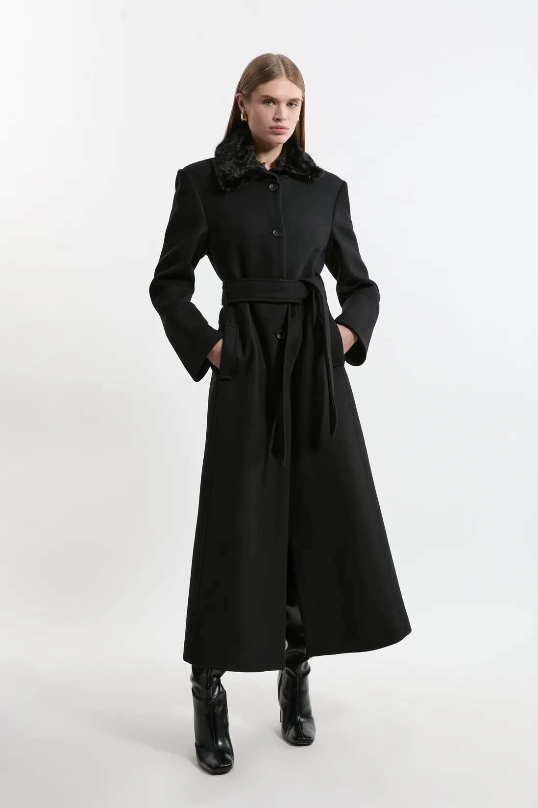 Jackets & Coats | Premium Italian Manteco Wool Detachable Faux Fur Collar Belted Tailored Maxi Co... | Debenhams UK