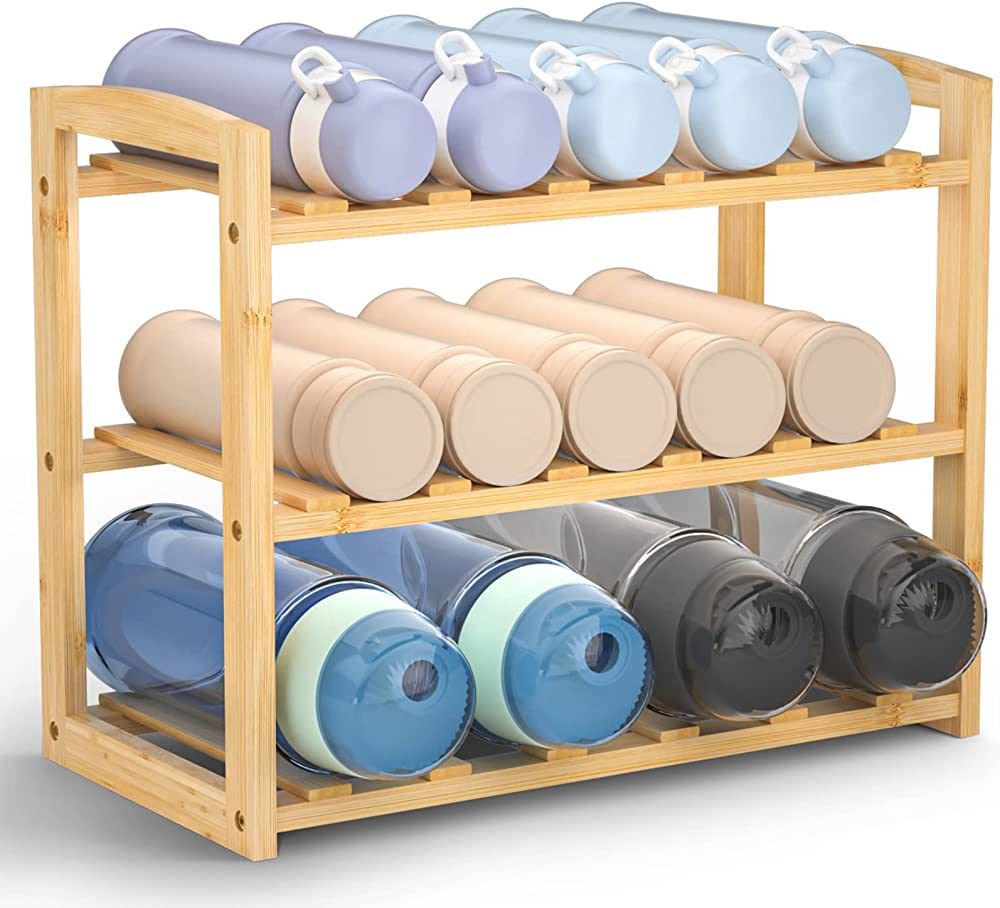 CALM COZY Water Bottle Organizer, 3 Tier Bamboo Water Bottle Rack, Cup Organizer for Kitchen Cabi... | Amazon (US)