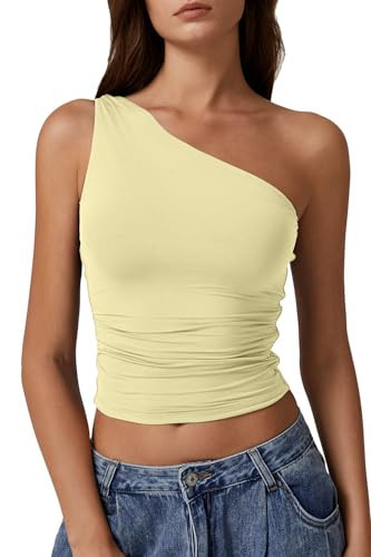 QINSEN Off The Shoulder Tops for Women One Shoulder Double Lined Sleeveless Slim Fit Cropped Tee Shirt Light Yellow M | Amazon (US)