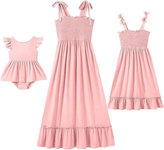 IFFEI Mommy and Me Dresses Summer Matching Outfits Spaghetti Strap Square Neck Ruffle A Line Beac... | Amazon (US)