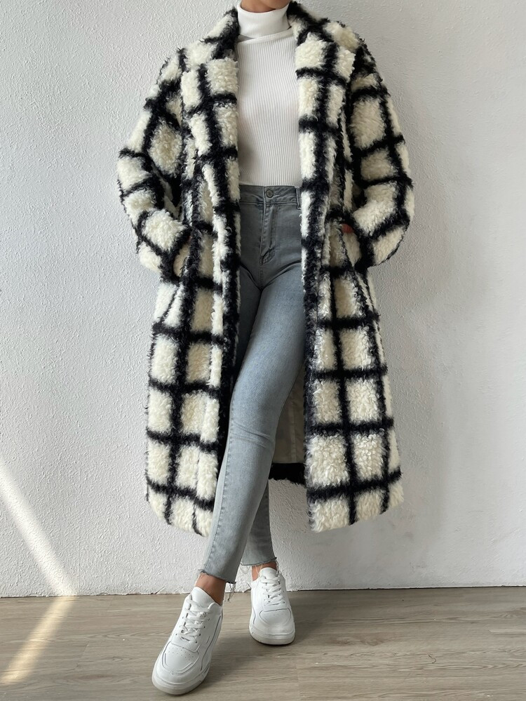 SHEIN EZwear Plaid Pattern Drop Shoulder Teddy Coat | SHEIN