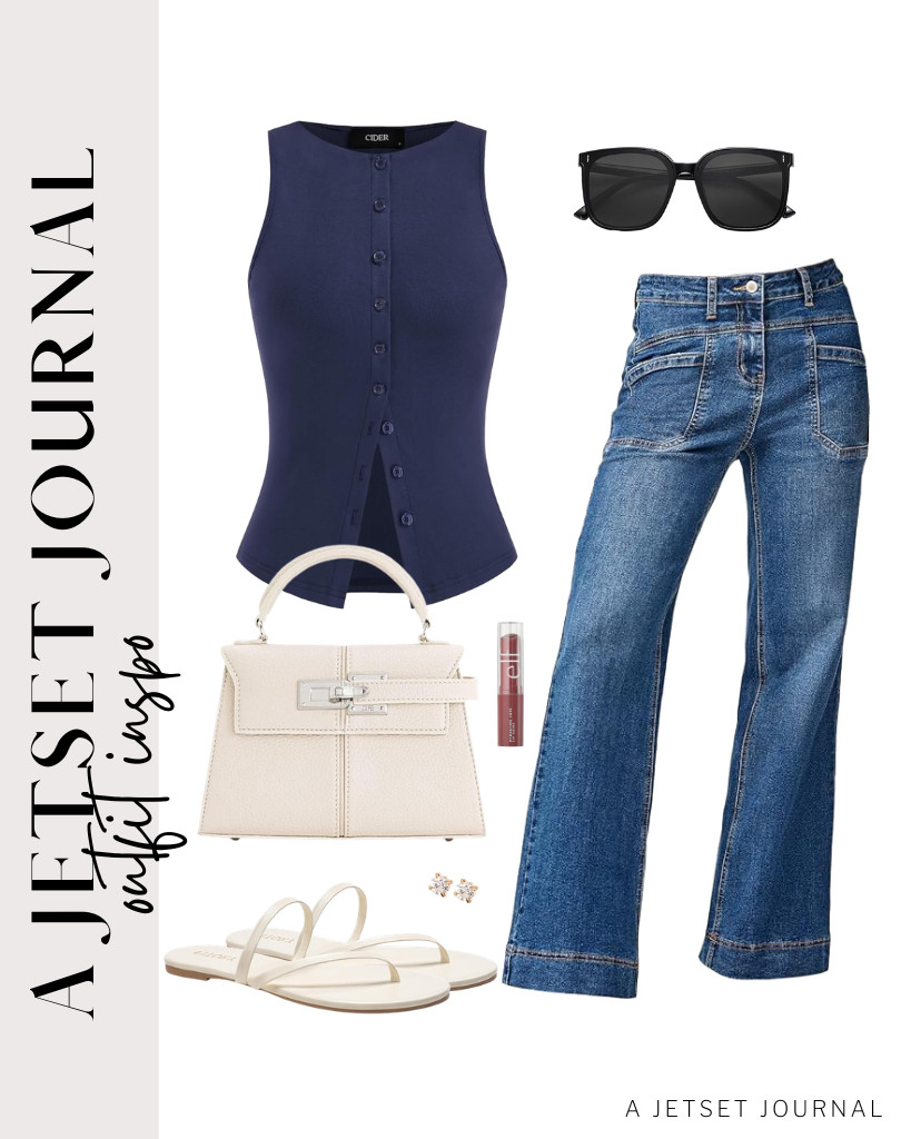This classy fit pairs a dark navy button-down tank with EVALESS jeans. For your footwear, FITORY flip-flops are the perfect choice. Complete the look with SOJOS sunglasses and a top-handle bag from JW PEI.

#LTKSeasonal #LTKSaleAlert #LTKTravel
 

 