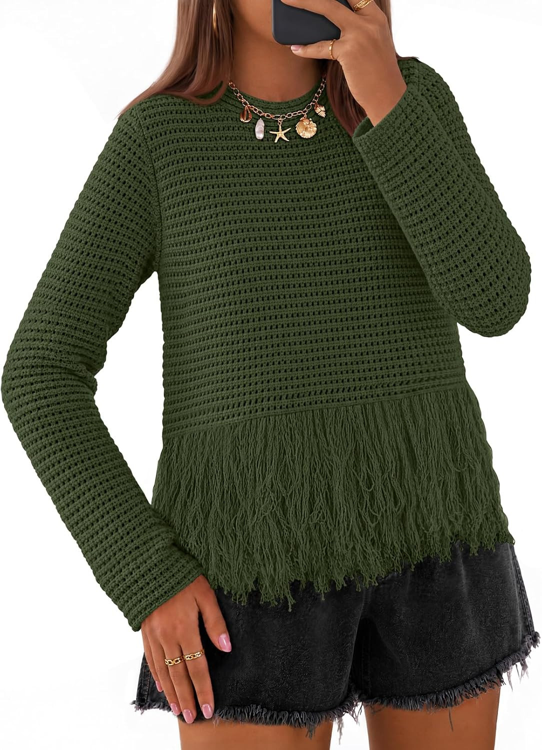 MEROKEETY Women's Fall Fashion Crochet Fringe Sweater Tops Boho Pullover | Amazon (US)
