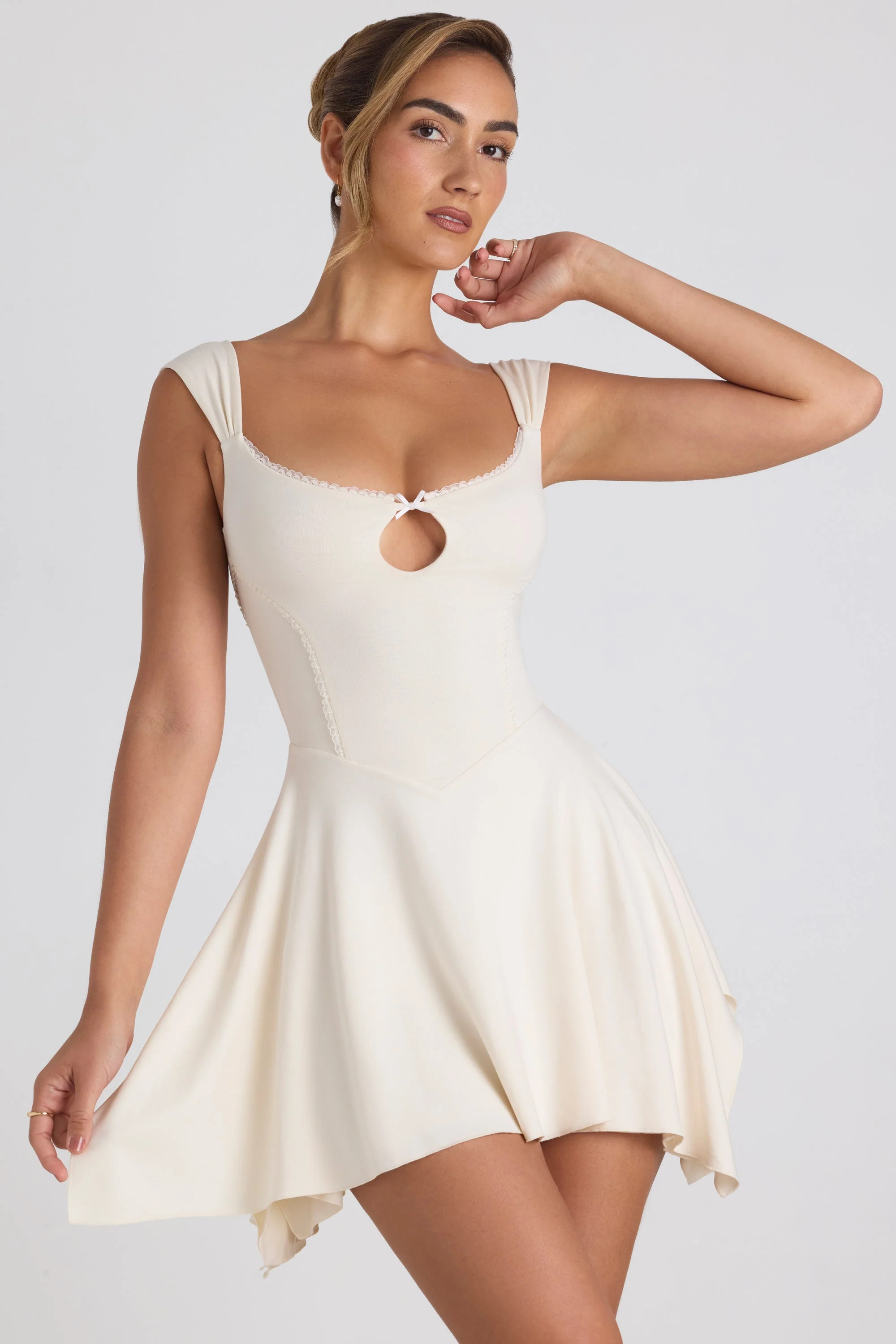Modal Asymmetric Lace-Trim A-Line Mini Dress in Ivory | Oh Polly