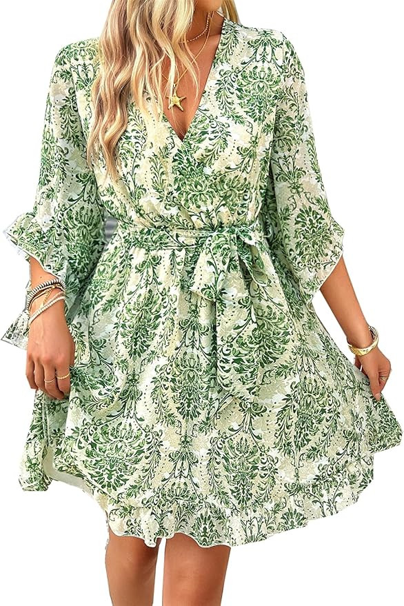 Womens Sexy Half Ruffles Sleeve Deep V Neck Printed Chiffon Bodycon Party Clubwear Belted Dress | Amazon (US)