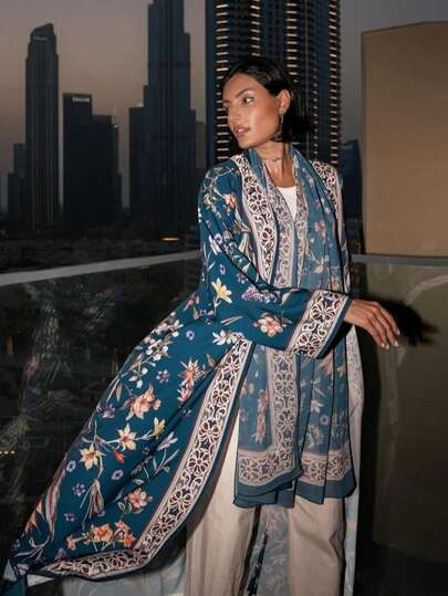 2pcs Modest Printed Cardigan Abaya With Headscarf Set, Middle Eastern Dubai Style Outerwear | SHEIN