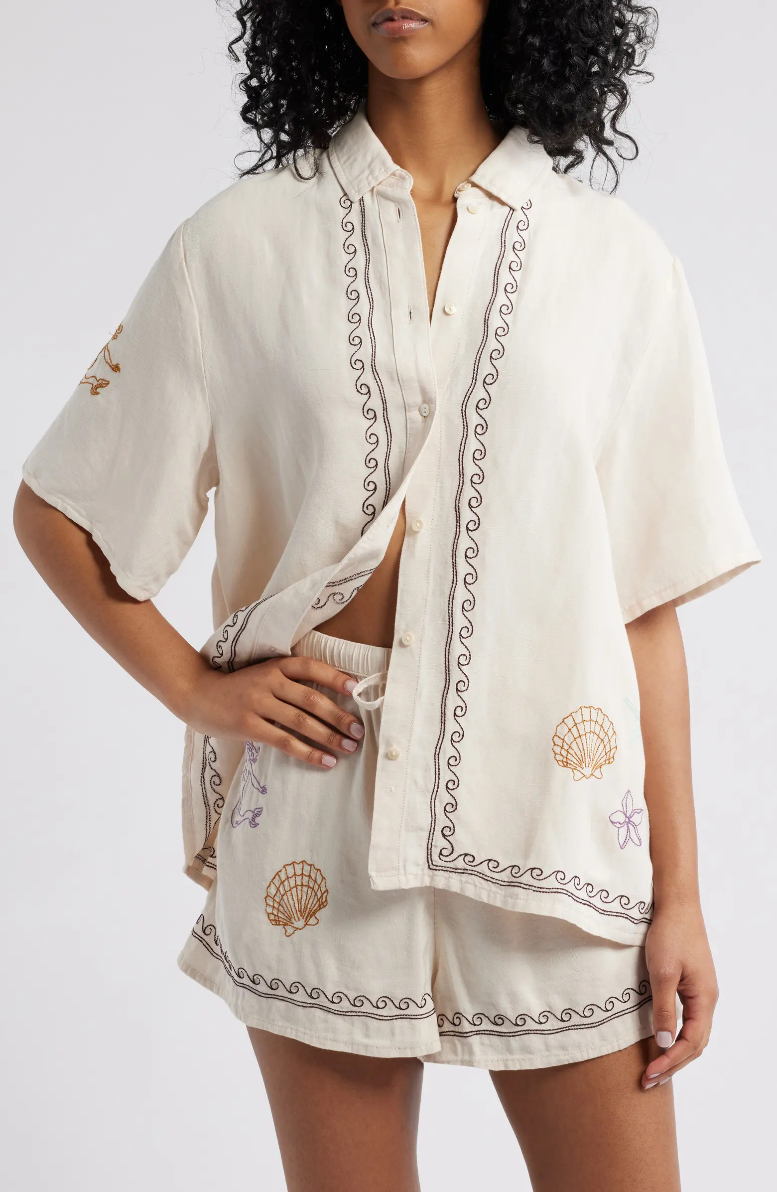 Rip Curl Beach Party Embroidered Linen Blend Camp Shirt | Nordstrom | Nordstrom