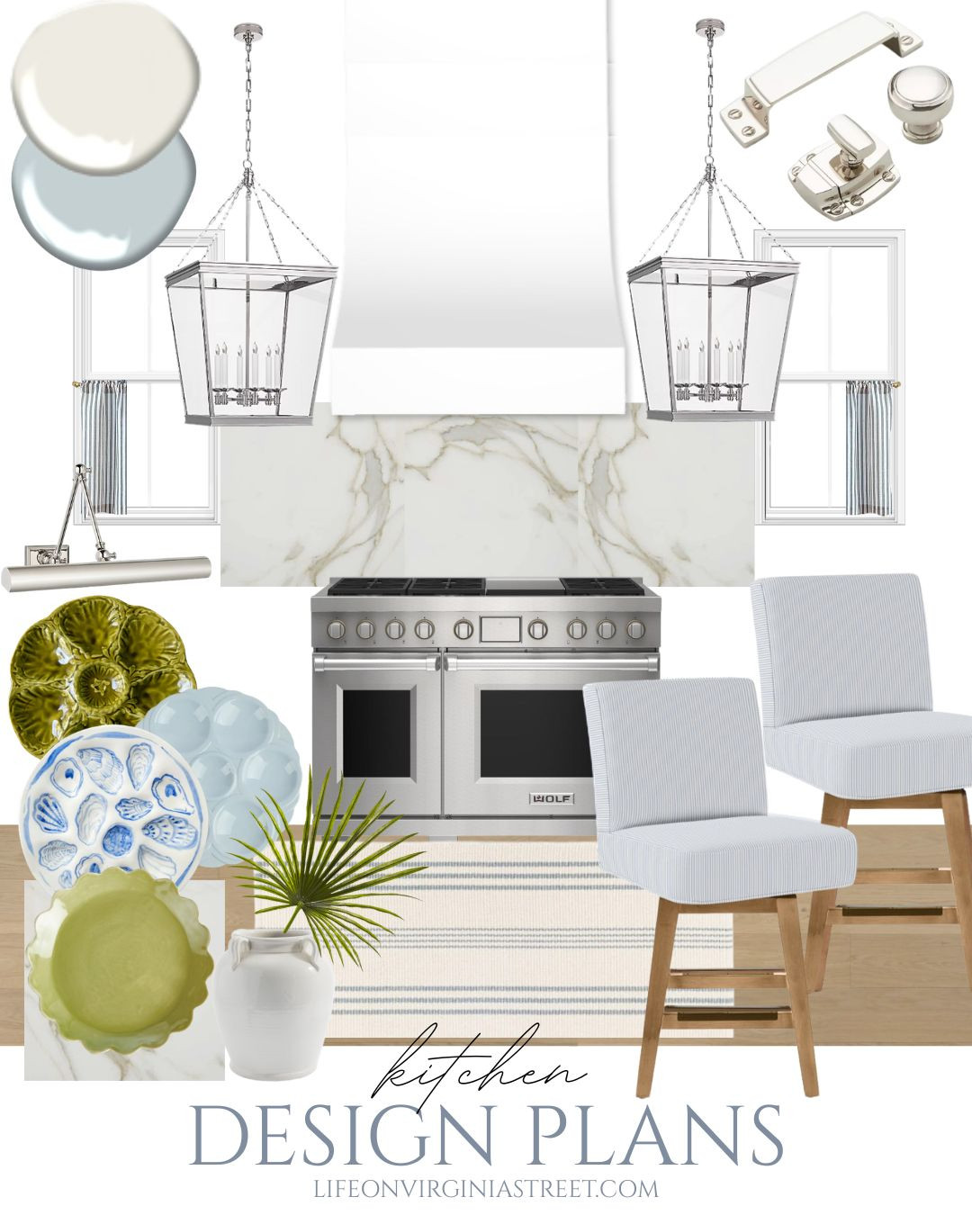 Our kitchen design board featuring blue and white pinstriped counter stools, a blue and cream striped rug, polished nickel chandeliers, striped cafe curtains and more. See the full design here: https://lifeonvirginiastreet.com/classic-coastal-kitchen-design-plans/ 

 

#LTKSeasonal #LTKHome #LTKSaleAlert
