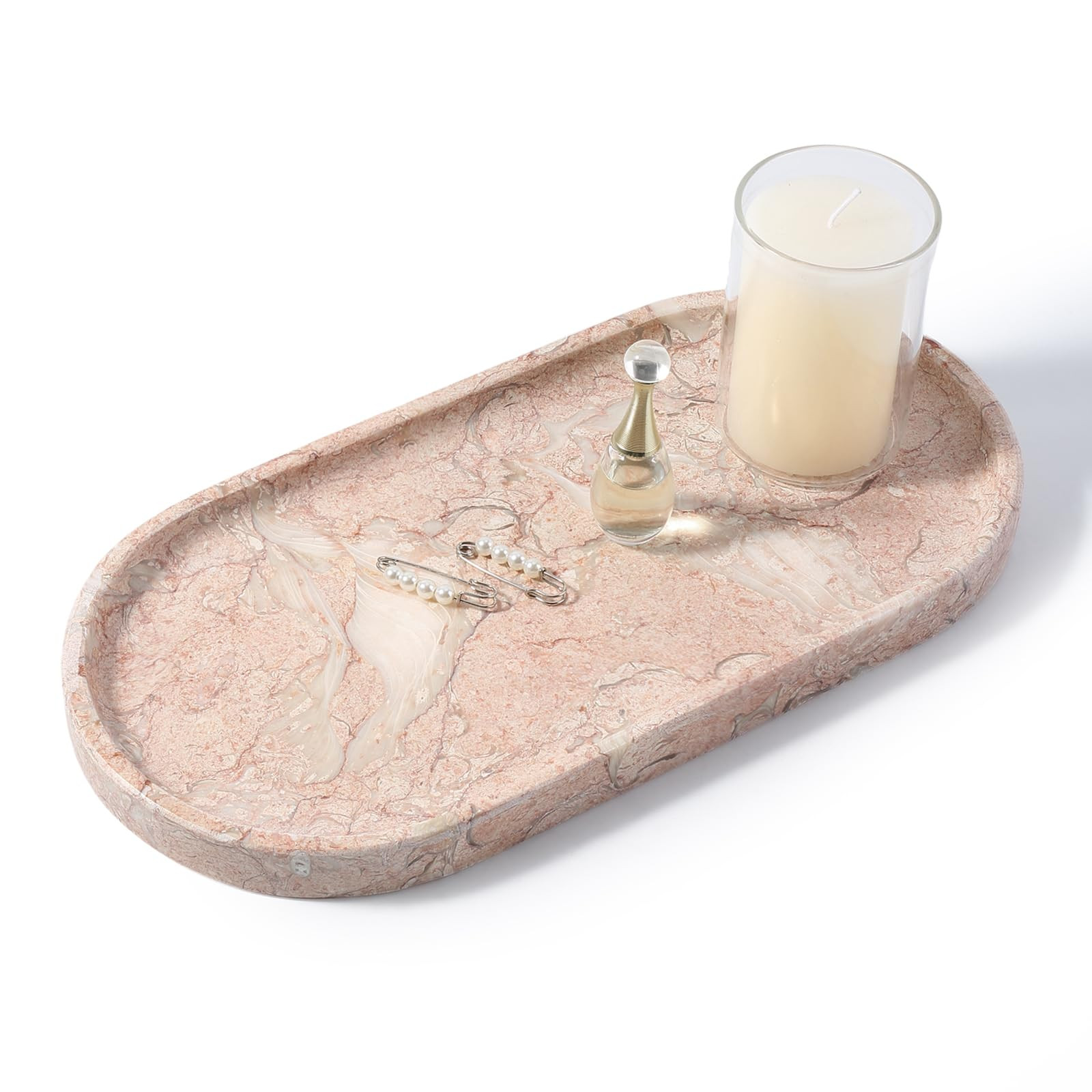 Koville Pink Marble Tray for Bathroom Countertop, Vanity Tray Stone Trays for Decor, Natural Marb... | Amazon (US)