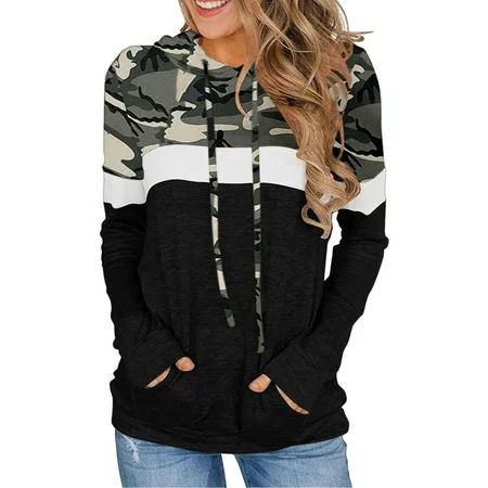 HAPIMO Rollbacks Sweatshirt for Women Pocket Drawstring Pullover Tops Camouflage Patchwork Long Slee | Walmart (US)