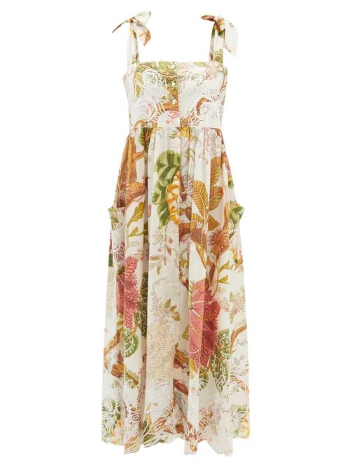 Juliet Dunn - Embroidered Floral-print Cotton-voile Midi Dress - Womens - Cream Print | Matches (US)