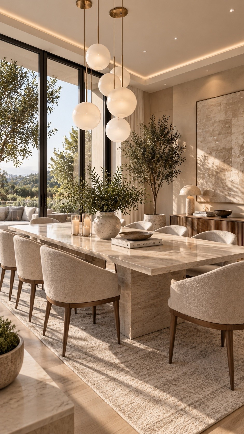 Shop This Room — link below. Recreate this warm organic-modern dining room with a sculptural travertine dining table, soft cream upholstered chairs, globe pendant lighting and layered neutral textures. Natural greenery, warm wood accents and oversized windows create a sophisticated, light-filled space with an elevated quiet-luxury feel.

#DiningRoomInspo #ModernDiningRoom #LuxuryDiningRoom #DiningRoomDecor #OrganicModern #QuietLuxury #WarmModern #NeutralHome #LuxuryInteriors #InteriorDesign #HomeDecor #DiningRoomIdeas #LuxuryHome #ModernHome #DesignerHome #NeutralDecor #WarmMinimalism #TravertineDecor #InteriorInspo #HomeInspiration #LTKHome #LTKFinds #HomeFinds #LuxuryDecor #DreamHome