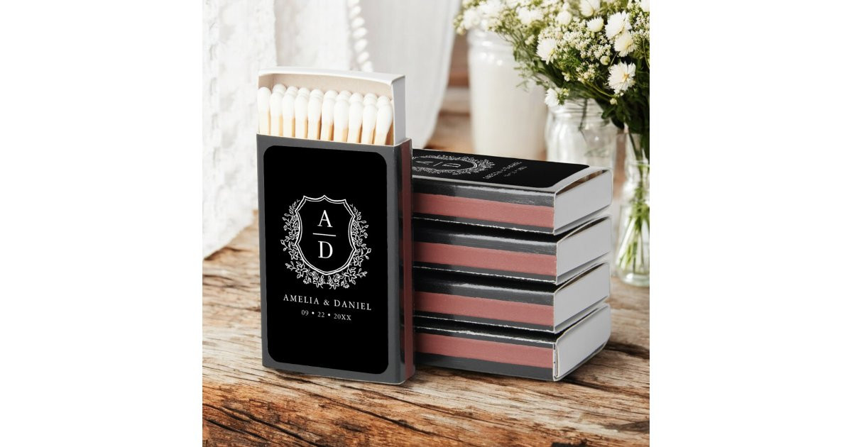 Black White Monogram Wedding Floral Crest Matchboxes | Zazzle | Zazzle