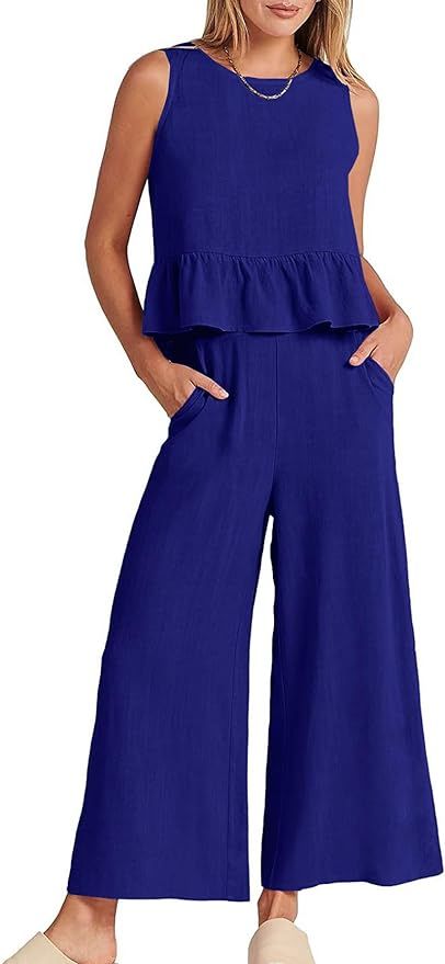 Women's 2 Piece Outfits Round Neck Sleeveless Ruffle Hem Crop Top Wide Leg Pants Set with Pockets | Amazon (US)
