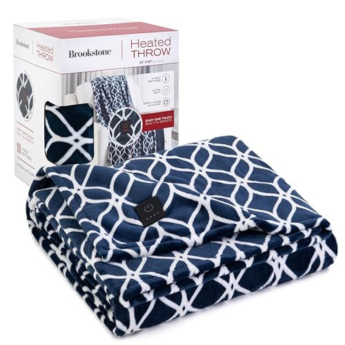 Brookstone Heated Plush Throw Heated Blanket Throw - Heated Throw Blanket Electric - Heated Blankets - 4 Heat Settings, 4-Hour Auto Shut Off, 100% Polyester, 50"x60" - Blue Trellis | Amazon (US)