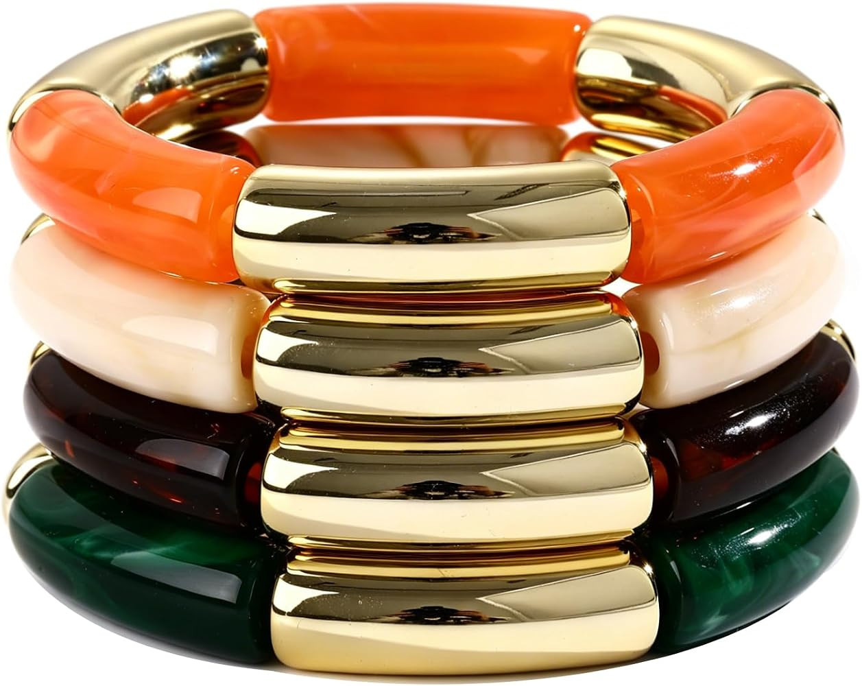 iF YOU 6pcs Chunky Acrylic Bangle Bracelets for Women, Resin Bamboo Brown Stretchy Bracelet Stack... | Amazon (US)