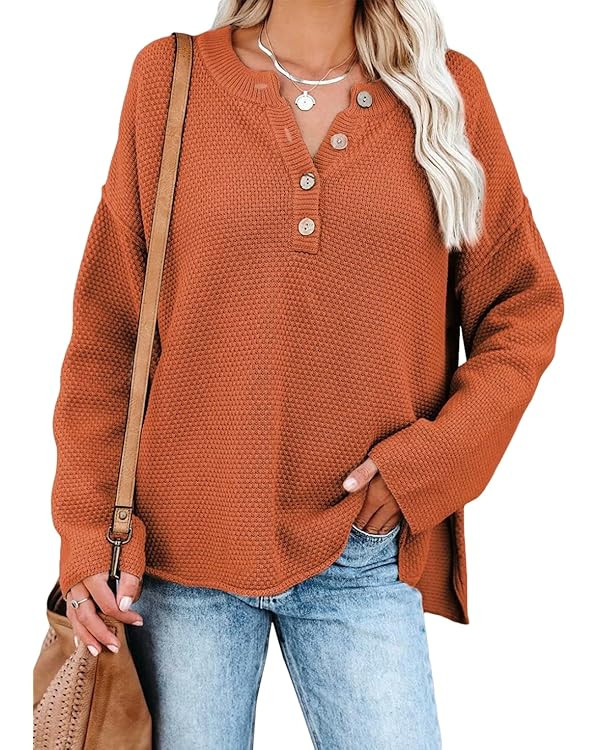 BLENCOT Women Button Neck Sweater Long Sleeve Chunky Oversized Fall Tunic Sweaters | Amazon (US)