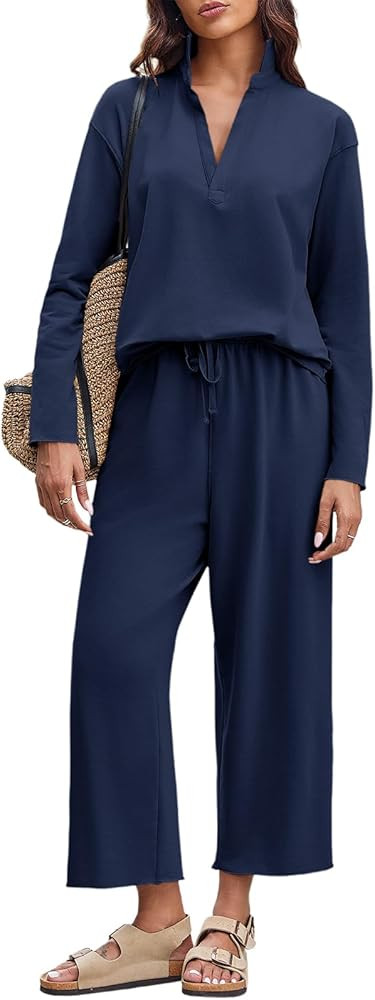 Imily Bela Womens 2 Piece Outfits Sweatsuit Long Sleeve Lapel V Neck Shirt and Wide Leg Pants 202... | Amazon (US)