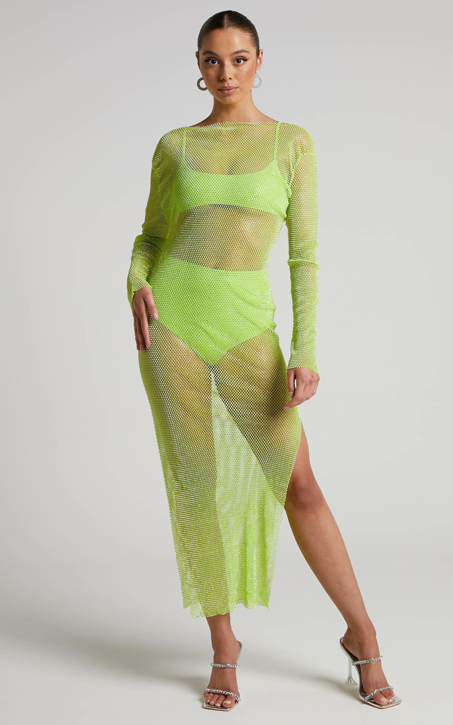 Karmen Midi Dress - Long Sleeve Split Diamante Mesh Dress in Lime | Showpo (US, UK & Europe)