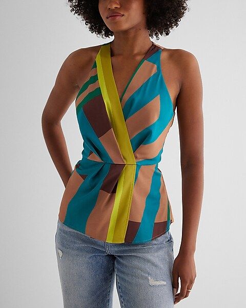 Satin Printed V-Neck Gathered Faux Wrap Front Top | Express