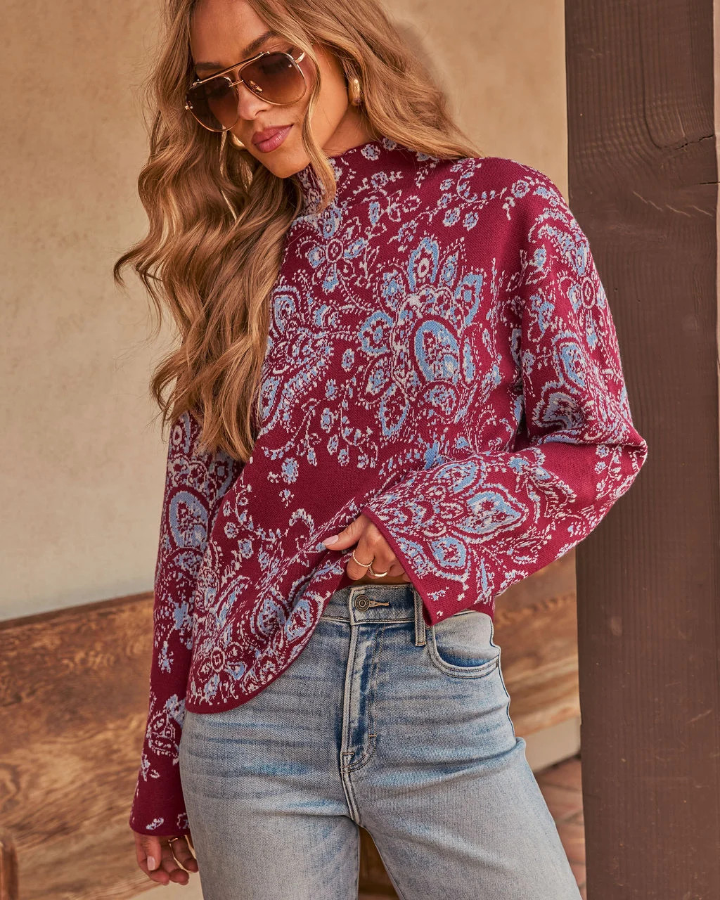 Cordo Pattern Long Sleeve Sweater Wine Multi / XL | VICI