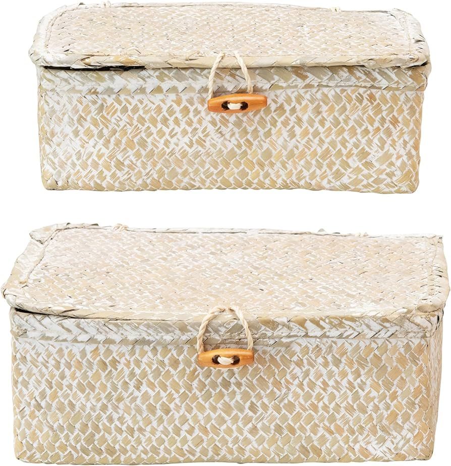 Creative Co-Op Hand-Woven Seagrass Boxes with Lids & Toggle Closure, Whitewashed, Set of 2 | Amazon (US)