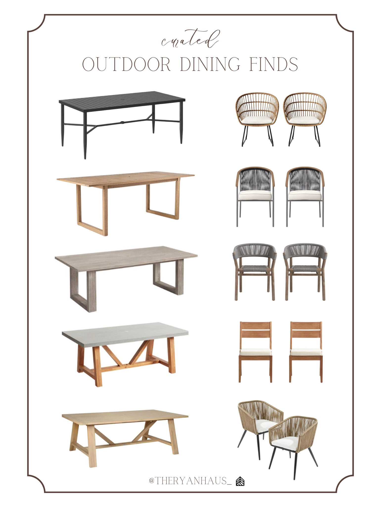 A curated collection of outdoor dining tables and chairs from a variety of affordable retailers—Target, Walmart, and World Market! I love the detail, woven elements, and texture of these pieces. 

Outdoor dining, dining table, dining chairs, outdoor dining table, outdoor dining chairs, seasonal, home decor 

#LTKFind #LTKSeasonal #LTKhome