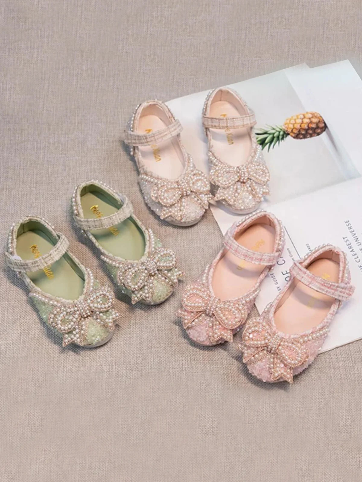 Non-Slip Mary Janes with Bow & Pearls Elegant Princess Flats  by Liv and Mia | Mia Belle Girls