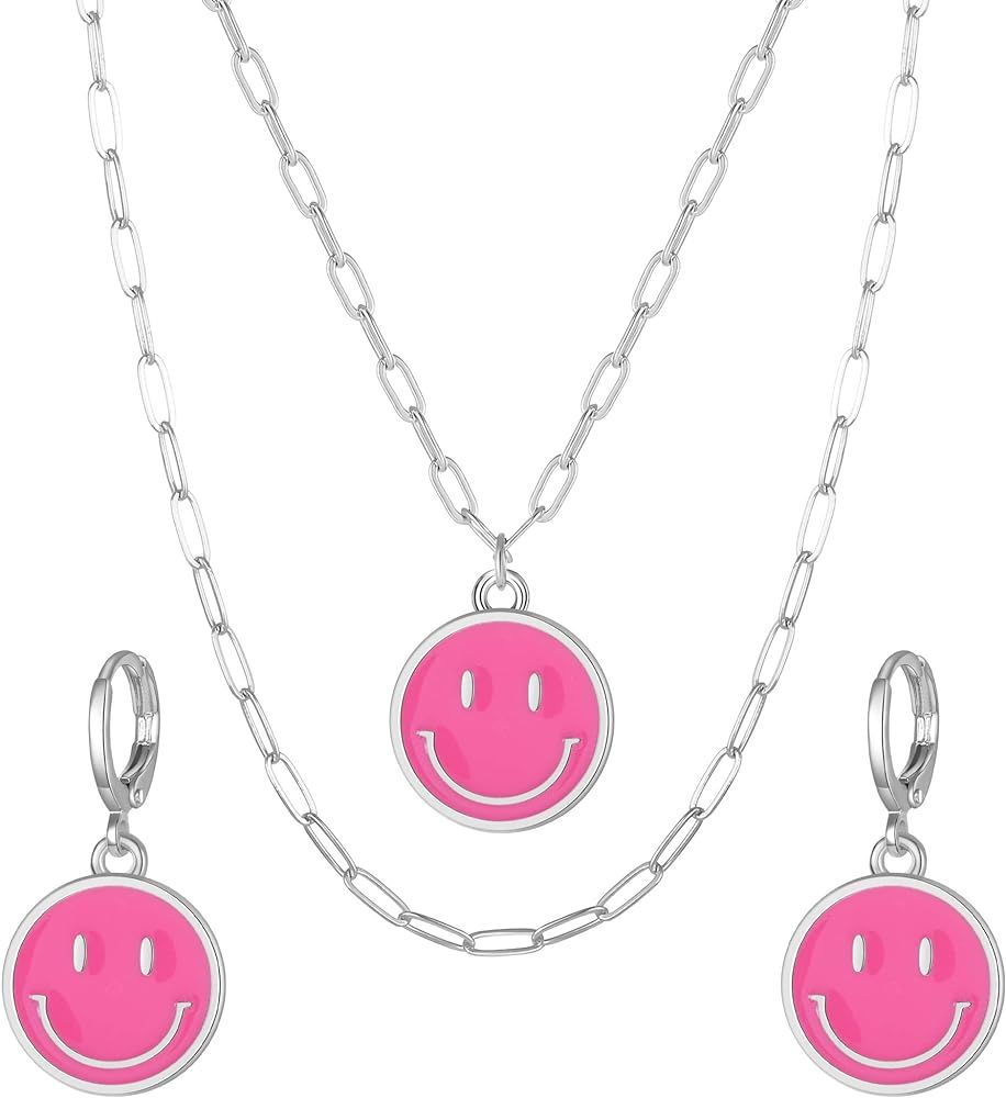 Smiley Face Necklace and Earrings Set, 14K Gold Multi layer Paperclip Chain Preppy Jewelry Gifts ... | Amazon (US)