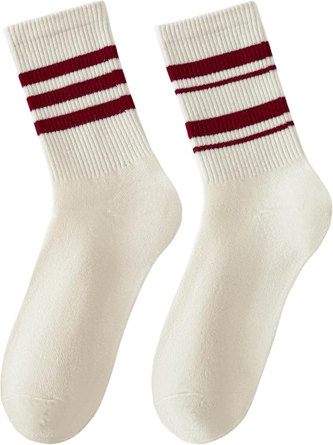 Ankle Striped Cotton Socks for Women Size 5-9 Crew Red White Burgundy Stripe Retro Sock | Amazon (US)