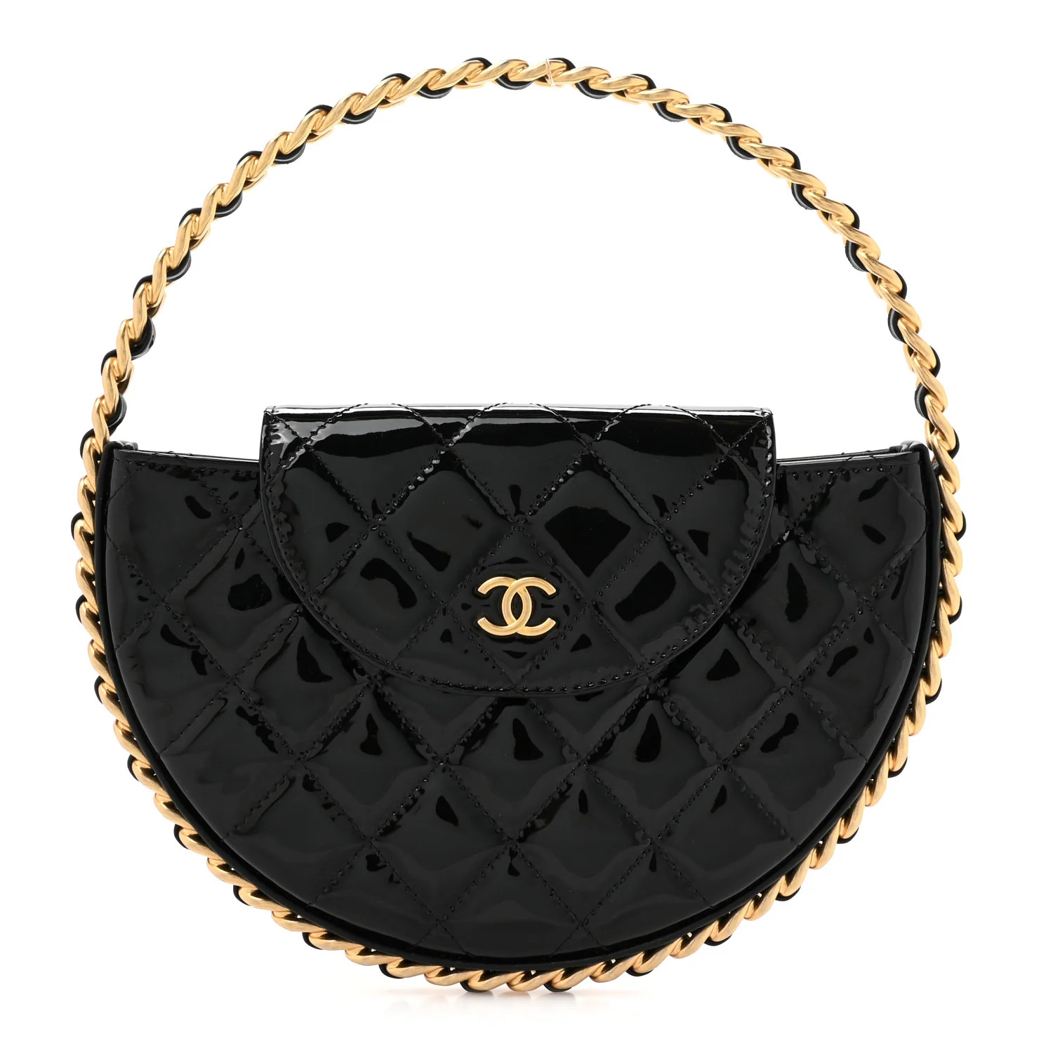Patent Calfskin Quilted Chain Hoop Bag Black | FASHIONPHILE (US)