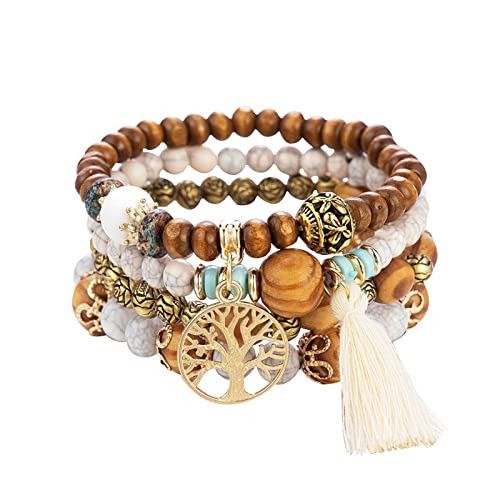 Tree of Life Bracelets for Women Bohemian Stretch Wood Beaded Bracelets for Women Boho Tassel Bracelet Multilayer Stackable Bracelets Christmas Birthday Jewelry for women. | Amazon (US)