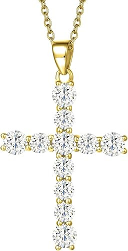Carleen Cross Necklace For Women Yellow Gold Plated Sterling Silver Cubic Zirconia CZ Simulated D... | Amazon (US)