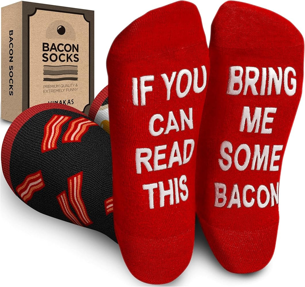 VINAKAS Bacon & Eggs Funny Socks for Men - If You Can Read This, Bring Me Bacon Non-Slip, Comfy C... | Amazon (US)