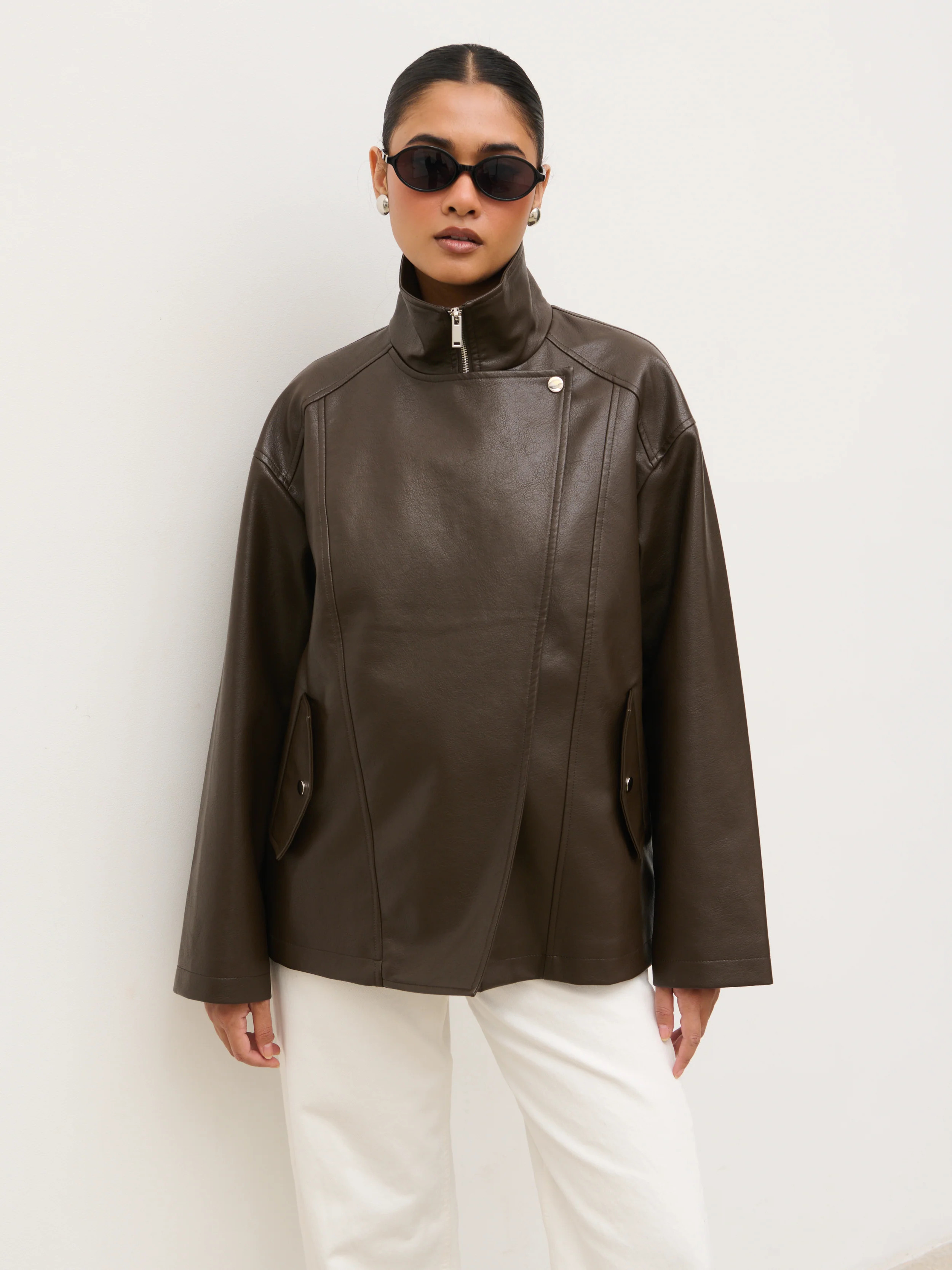 Lyla Faux Leather Bomber Jacket - Chocolate Brown | Pretty Lavish (UK)