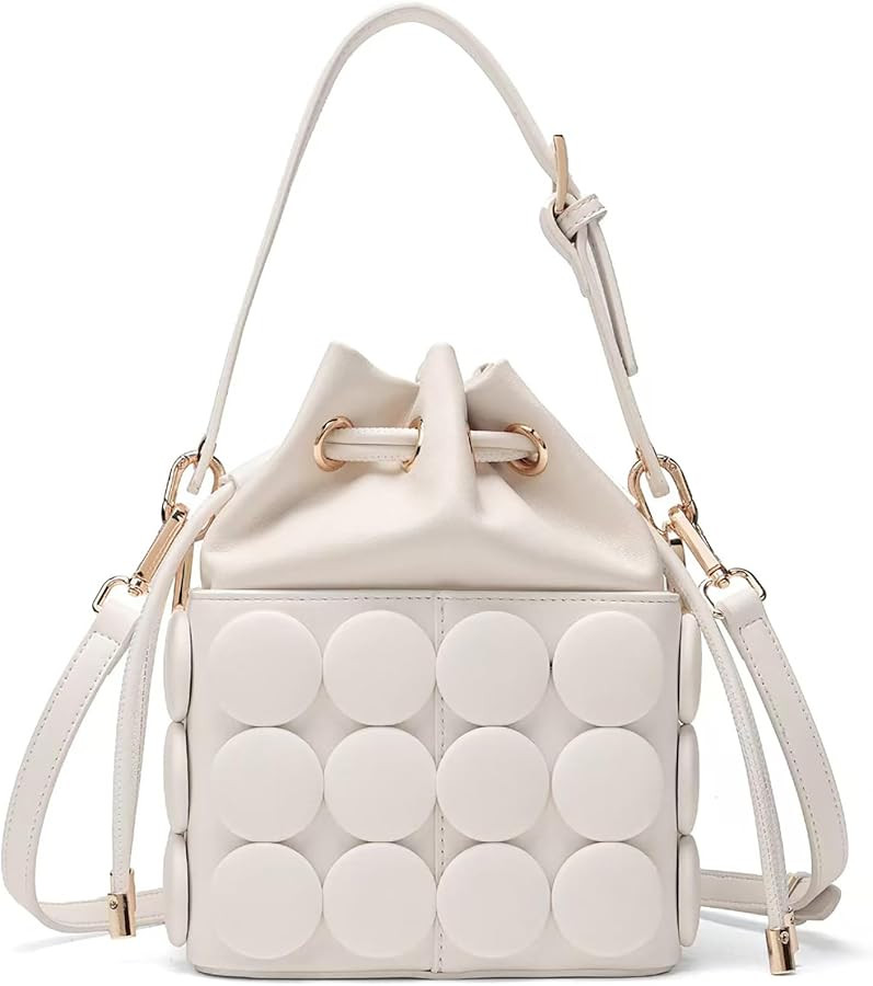 Women's PU Leather Drawstring Top Handle Bucket Bag Purse with Solid Dot Patterns, Crossbody Shou... | Amazon (US)