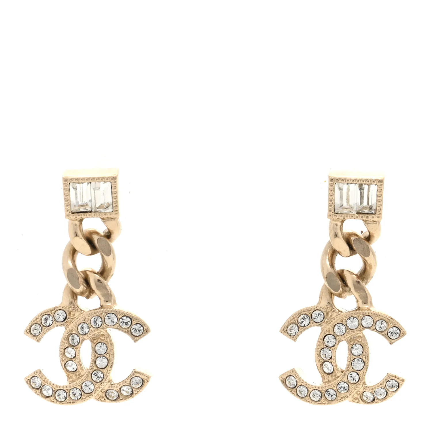 Metal Crystal Baguette CC Chain Drop Earrings Gold | FASHIONPHILE (US)