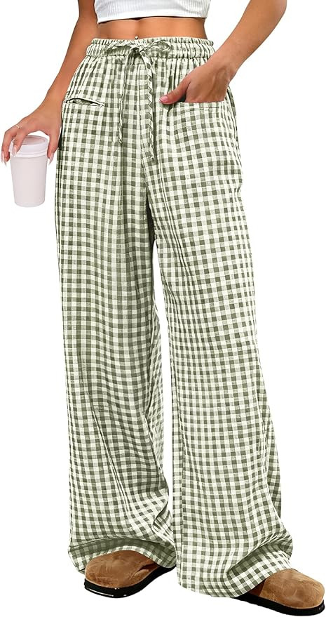 ANRABESS Womens Striped Gingham Pants 2026 Pajama Drawstring Wide Leg Lounge Plaid Pants Cute Cas... | Amazon (US)