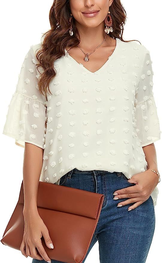 Leereya Women's Chiffon Blouse Casual Ruffle Short Sleeve Swiss Dots Tops Loose V Neck Shirts Top | Amazon (US)