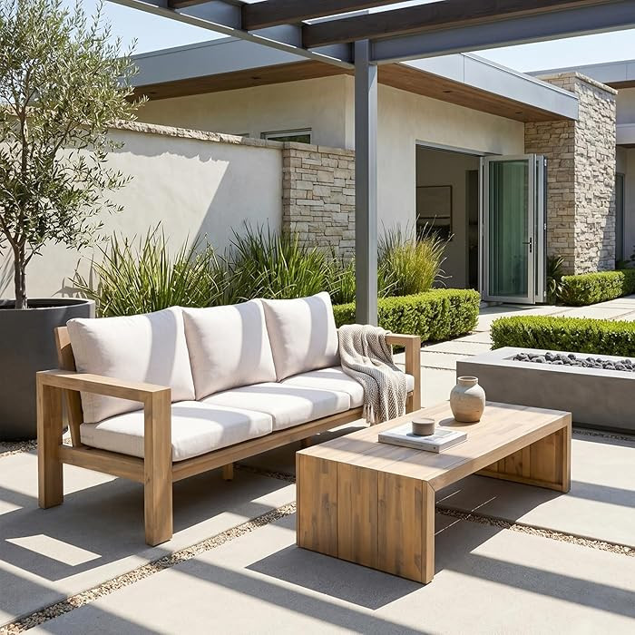 Merax 2 Piece Acacia Wood Patio Furniture Set, 3-Seater Outdoor Daybed Sofa with Cushions & Recta... | Amazon (US)