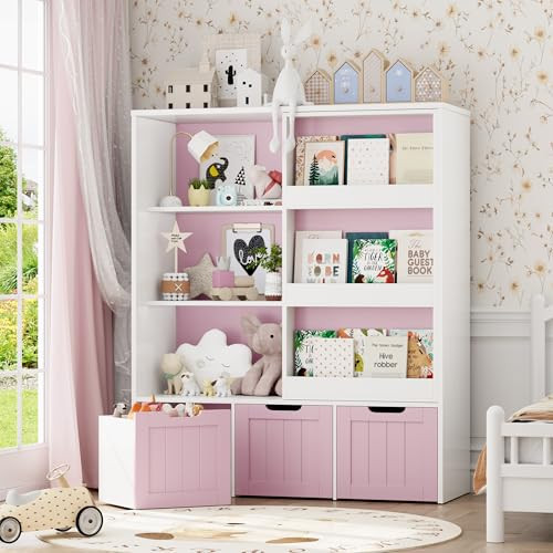 FOTOSOK Toy Storage Organizer with Sliding Book Shelf, Toy Organizers and Storage with 3 Movable Drawers and 6 Storage Cubbies, Playroom Organization and Storage Kids Bookshelf for Playroom, Bedroom | Amazon (US)
