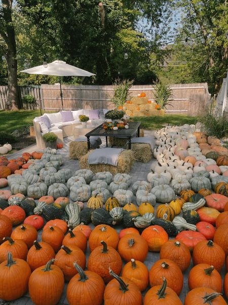 Fall backyard patio pumpkins galore sofa section dining table 

#LTKhome #LTKstyletip #LTKHalloween